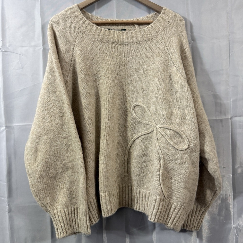 Terra & Sky Women's Plus 4X Tan Oatmeal Crewneck Sweater‎ 3D Bow Soft Soft Cozy
